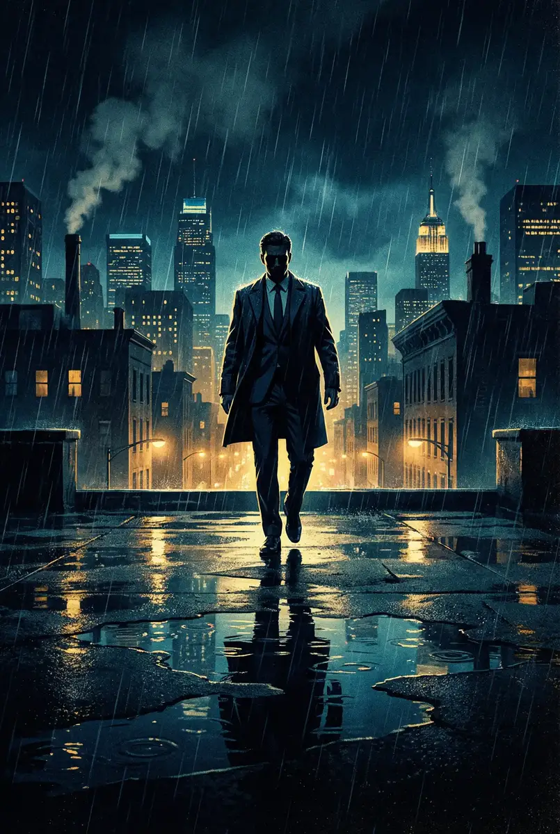 亚洲中文字幕在线观看 出品影片《雨夜独行者》海报，雨中城市屋顶男性剪影